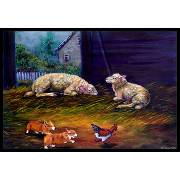 Carolines Treasures Corgi Chaos In The Barn With Sheep Indoor and Outdoor Mat- 18 x 27 in. 7322MAT - main